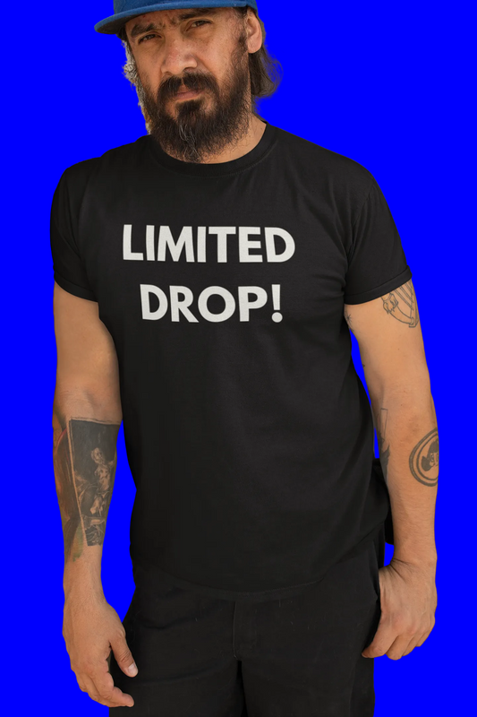 Man wearing a black t-shirt with 'LIMITED DROP!' text, blue background